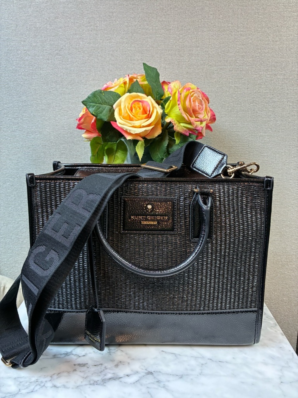 Kurt Geiger Black Metallic Leather & Raffia Chiswick Tote - NWT